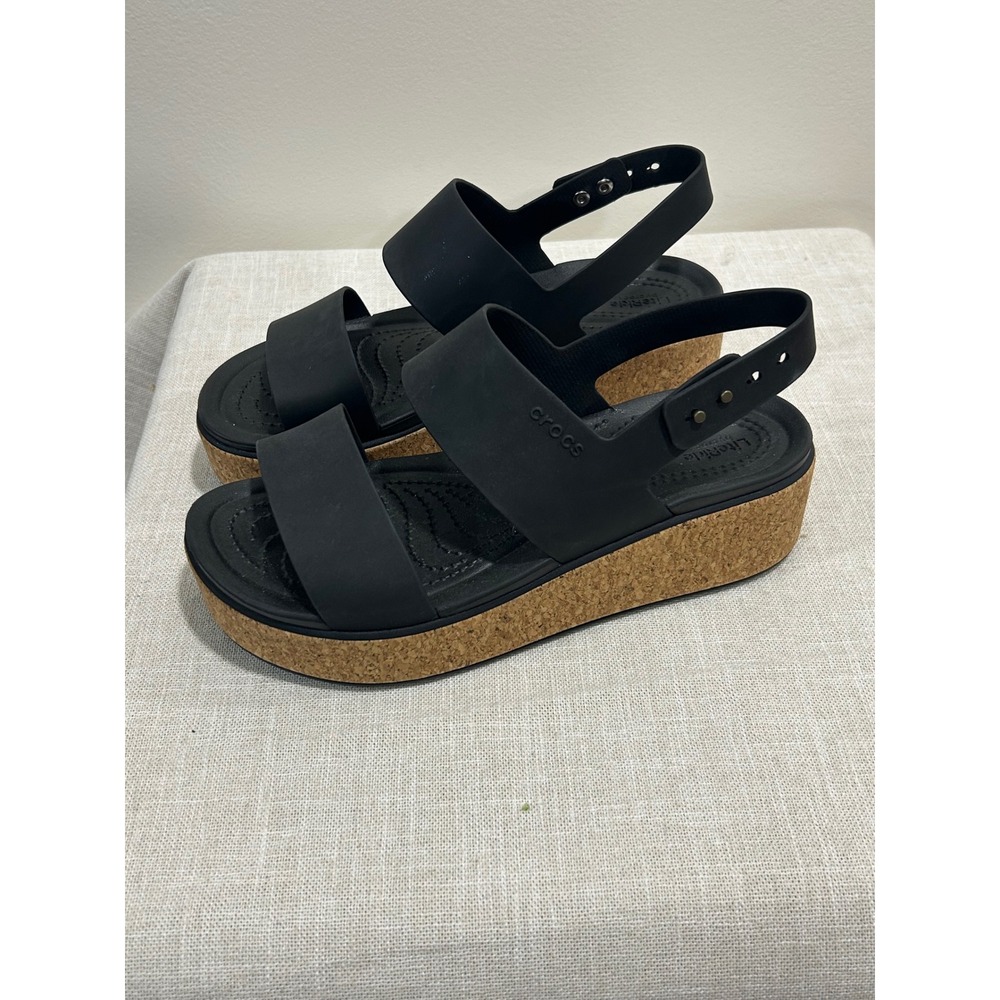 Crocs Brooklyn Low Wedge Sandals Black Cork LiteRide Platform Women 7